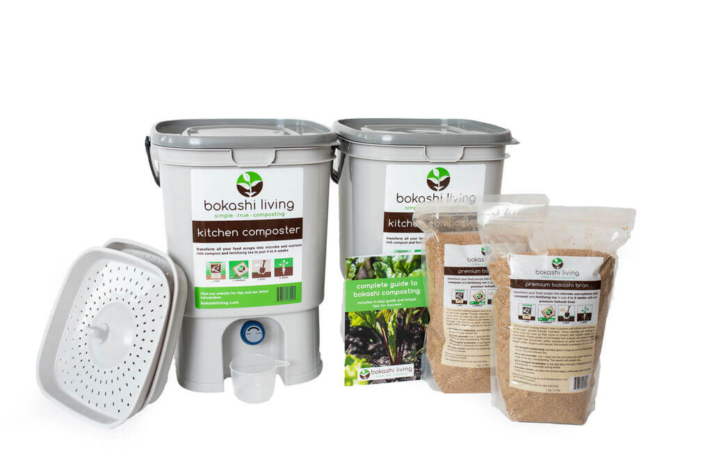 A complete Bokashi composting starter kit, including the bin and tools needed for small-space composting.

