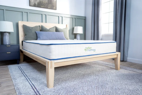 My Green Mattress Eco Erin non-toxic bed recommendation. Lifestyle image of bed in bedroom.