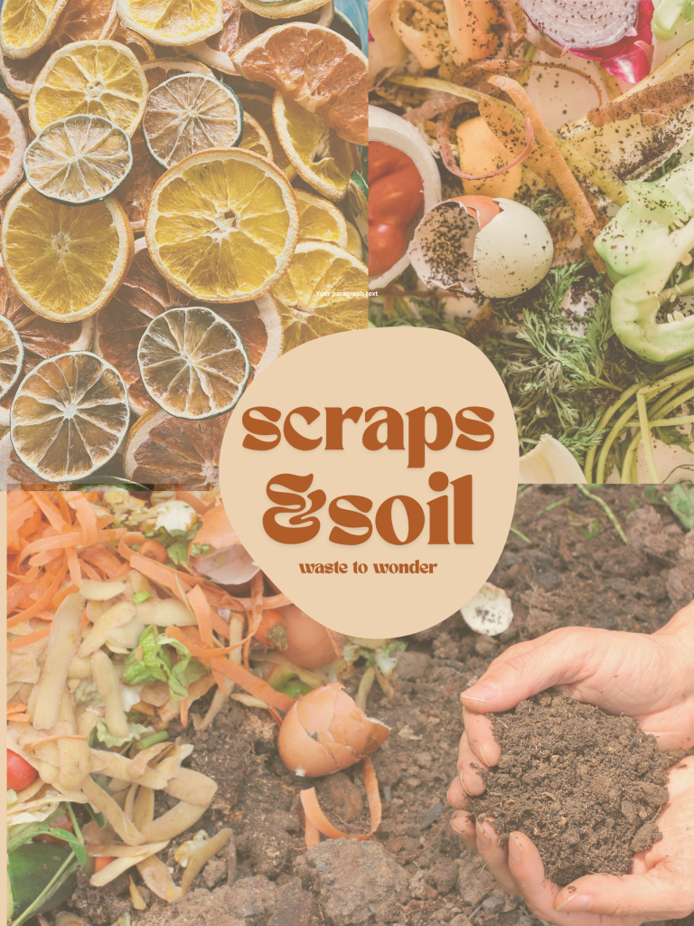 Collage of kitchen food scraps, citrus slices, and hands holding rich compost soil for small space sustainable living.