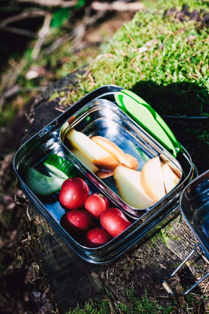 Stainless steel bento lunchbox filled with fresh fruits and vegetables outdoors.