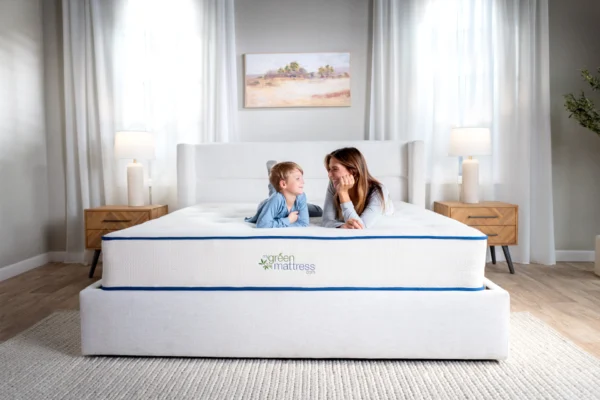 Family of five reading together on a non-toxic bed for the best organic mattress 2026 review
