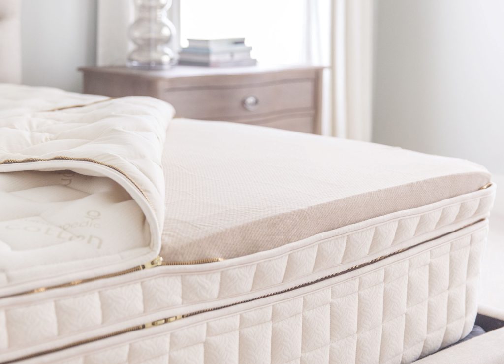 Close-up of unzipped natural latex and organic cotton layers to showcase the best organic mattress 2026